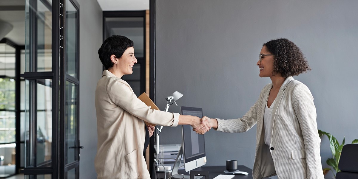 two professionals in office shaking hands